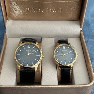 Titan Bandhan Couple Watch Set Black Leather Gold Analog Wristwatch with Box